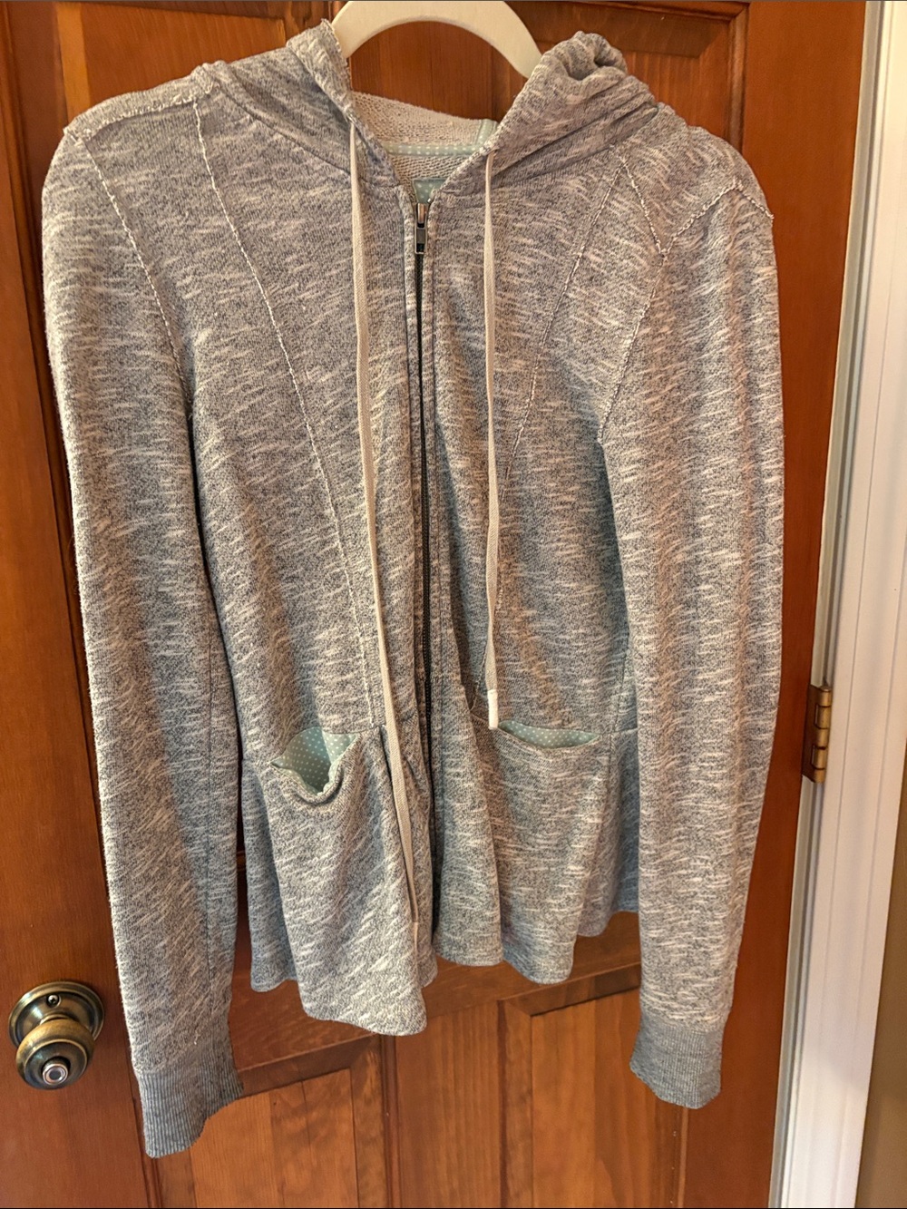 Anthropologie Light Gray Hooded Zip Jacket - Women with ruffle on the back